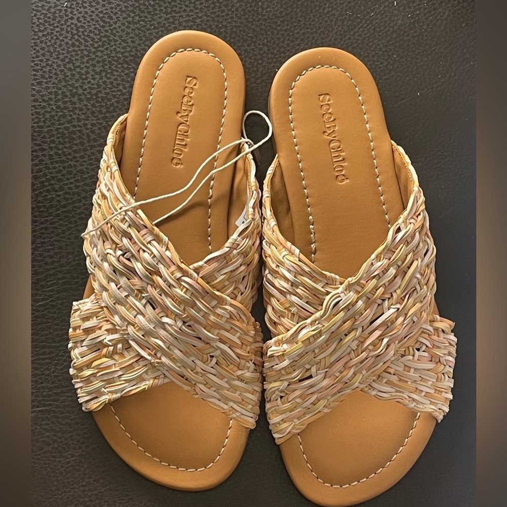 Brand New Sea By Chloe, Jaicey Cross Slide, Size 38, Nude, Beige Mix